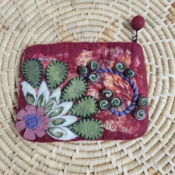 Rising Tide Boiled Wool Art Floral Boho Small Wallet Bag - Picture 1 of 5